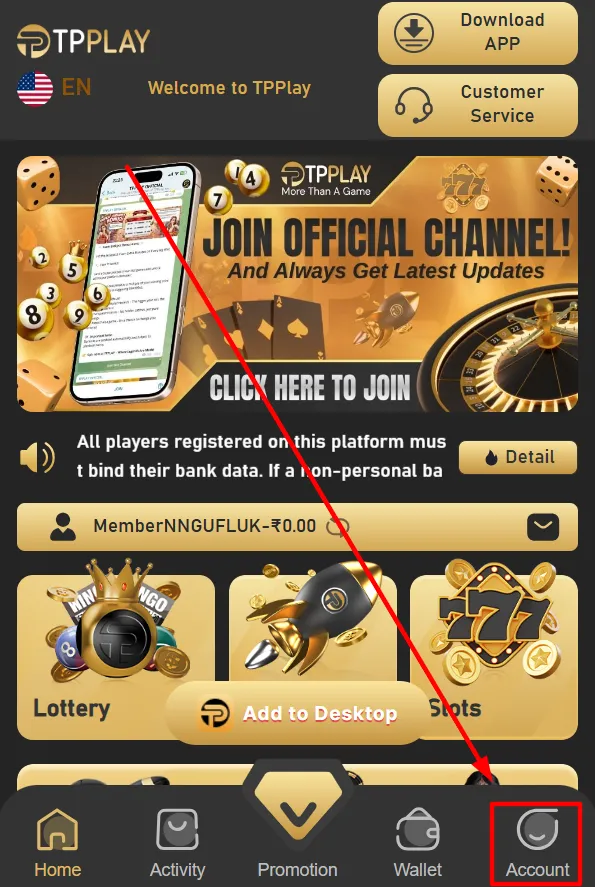Navigating to the Account section in the TPPlay app menu